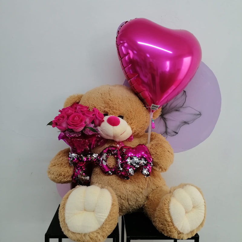 Combo Amor Oso con Florero y Globo – Floristería Nic Eros