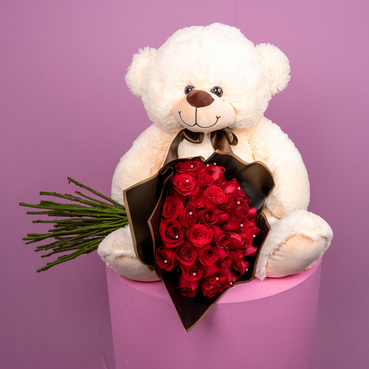 Combo oso moño con ramo de perlas – Floristería Nic & Eros